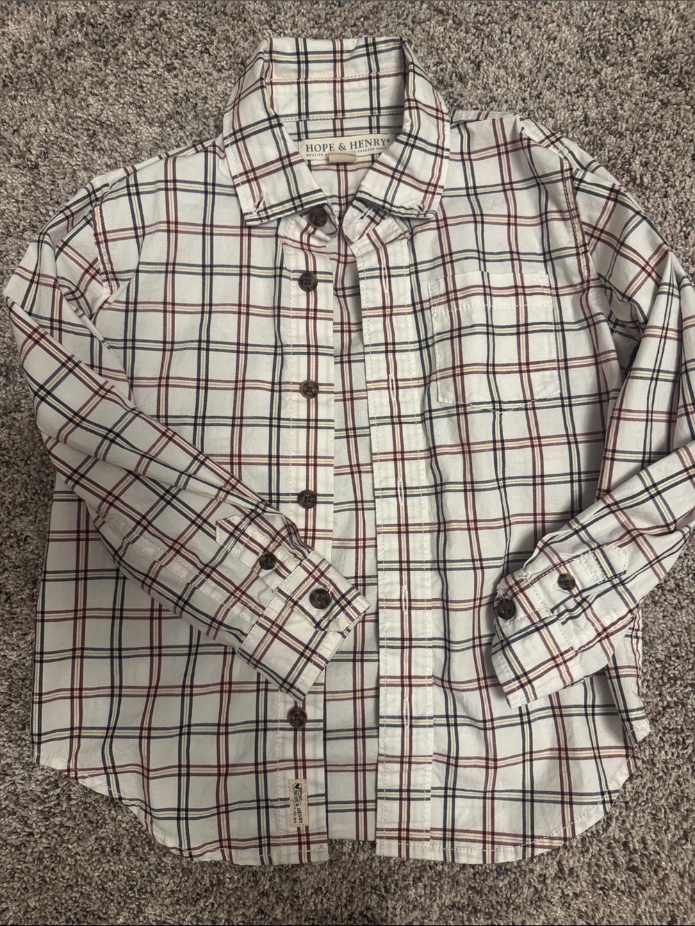 Hope & Henry Boys White Plaid Button-Up Shirt with Red & Navy Checks